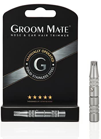 Groom Mate Platinum Manual Nose & Ear Hair Trimmer - XL Professional Stainless Steel Manual Nose & Ear Hair Trimmer for Men, Battery Free Hand Powered Rotary Blade Grooming Tool, Silver