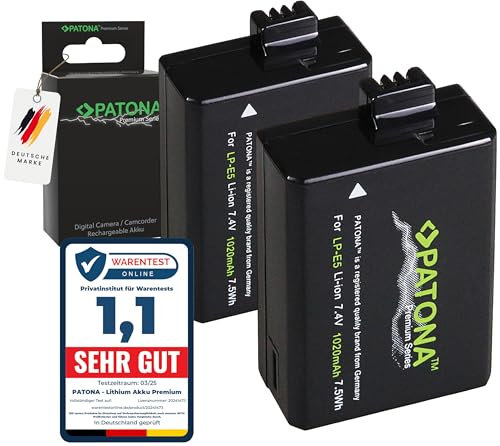 PATONA 2X Premium Akku Ersatz für Canon LP-E5 Batterie Kompatibel mit Canon EOS 450D 500D 1000D Rebel XS XSi T1i Kiss X2 X3 F