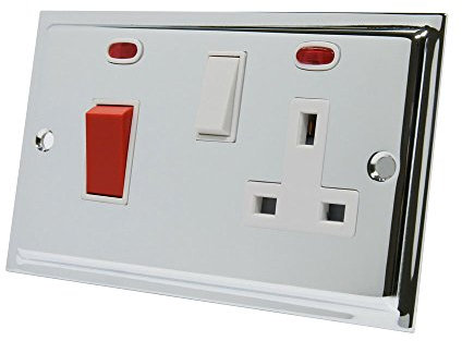 Slimline Polished Chrome Cooker Control Unit White Insert - 2-Gang 45A Cooker Switch with 13A Switched Plug Socket and Neon Indicators