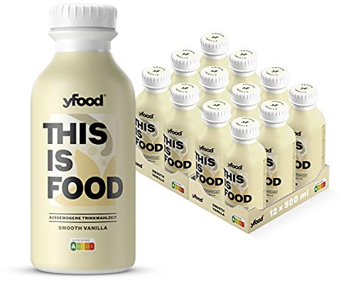 yfood Smooth Vanilla, repas prêt à boire, THIS IS FOOD, substitut de repas, 34 g de protéines, 26 vitamines et minéraux (12 x 500 ml), goût vanille