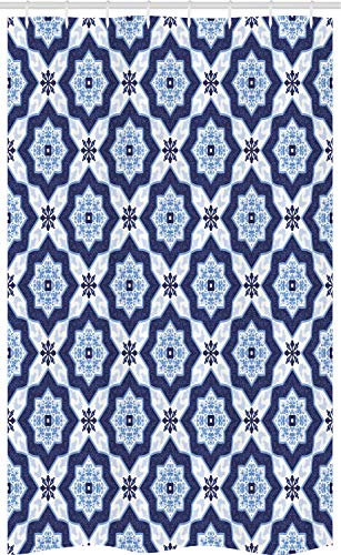 ABAKUHAUS Blau Schmaler Duschvorhang, Portugiesisch Azulejo Pattern, Badezimmer Deko Set aus Stoff mit Haken, 120 x 180 cm, Dunkelblau