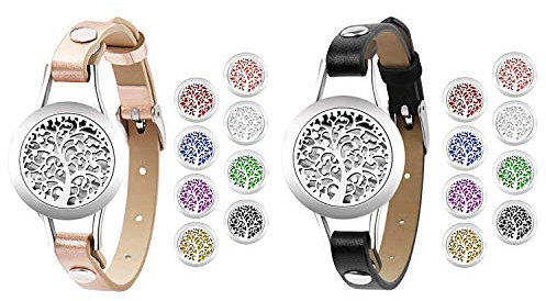 JewelryWe Schmuck 2pcs Ätherisches Öl Armband Edelstahl Baum des Lebens Locket Medaillon Aromatherapie Aroma Öle Parfum Diffusor Echtleder Leder Armreif mit 8 Pads Schwarz