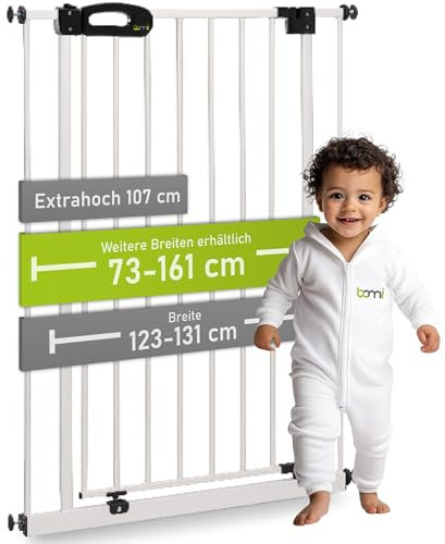 BOMI Schutzgitter Merle | Hoch 107 cm | Ohne Bohren | Schließt automatisch | Kindergitter Metall-Türschutzgitter weiß ohne Bohren | Automatisches Schließen des Türgitters | Breite: 123-131 cm