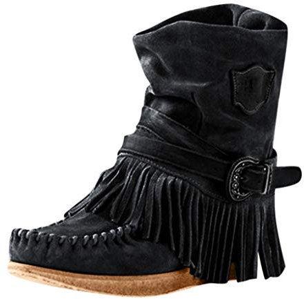 Yowablo Damen Schnürstiefeletten Übergrößen Ankle Boots mit Fransen Damen Römer Retro-Stil Volltonfarbe Quaste Kurze Stiefel Flache Schuhe (42 EU,Schwarz)