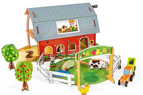 Janod - Story „Bauernhof mit Tieren“ - 10 Holzfiguren Spielzeug für fantasievolles Spielen - Bauernhoftiere mit Personen und Fahrzeugen - Ab 3 Jahren, J08577