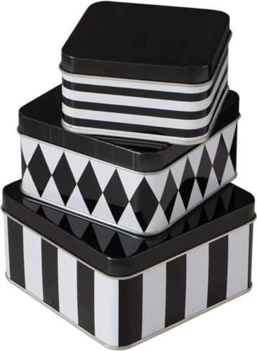 CasaJame 3er Set Metall Keksdosen, Eckig, Schwarz-Weiß Gestreiftes Rhombus-Design, Sortiert, Höhe 5-6,3cm
