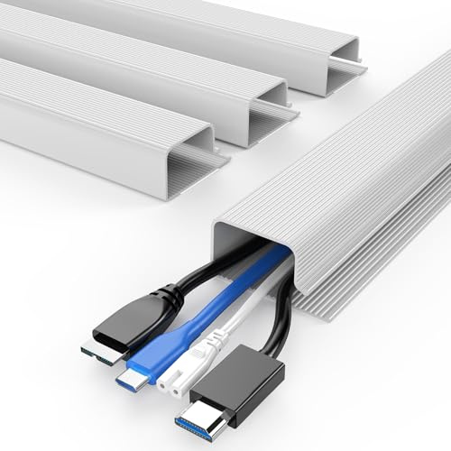 Delamu 4 Pack Cable Management Under Desk, 62.8in J Channel Cable Trunking, Self Adhesive Wire Management Raceway, Cord Cover Cable Hider for Office Home, White