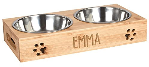 LAUBLUST Futterstation mit Name Personalisiert für Hunde - Natur | 38x19x6 cm - Futternapf & Wassernapf Hund l 2 Edelstahl Fressnäpfe als Hundezubehör x 0,75L l Fressnapf mit Gravur l Hundenapf erhöht