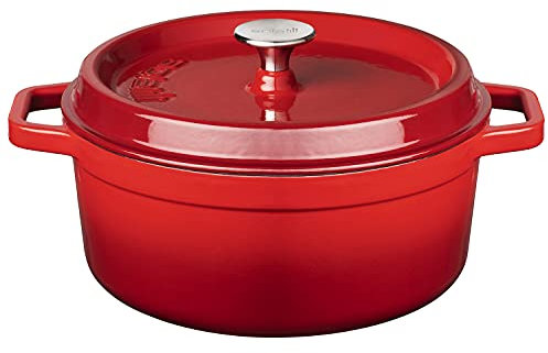 SOLA Cast Iron Roasting Dish / Cocotte with Lid, Round 28 cm, 5.0 L, Enamelled, Casserole Pot for All Hobs, Ideal for Stewing, 100% PFOA-Free, Dishwasher Safe, Oven Red