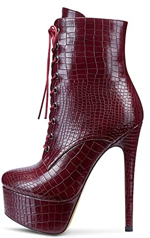 NobleOnly Scarpe col Tacco Donna Plateau Stivali alla Caviglia Cerniera Lacci Polacchine 16CM High Heels Rosso Borgogna Opaco Scarpe EU 45