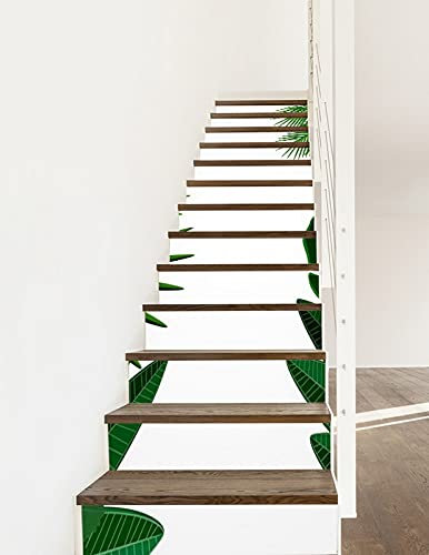 A.Monamour Treppenaufkleber Folie Selbstklebend 3D Grüner Tropischer Blätter Dschungel Weißer Hintergrund Vinyl Wasserdicht Treppe Aufkleber Fliesenaufkleber Abziehbilder Wandaufkleber 13 Stück Set