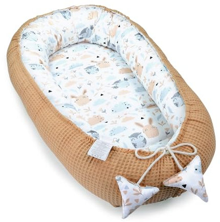 Babynest Neugeborene Nestchen Baby 90x50 cm - Kokon Handmade zweiseitig aus Baumwolle Waffel mit Babynestchen Eulen Braun