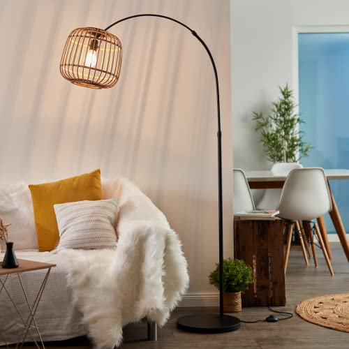 Lightbox Nature Stehlampe - Bogenstandleuchte mit Fußschalter und 1,85m langes Stoffkabel - 1,75m Höhe - geeignet für E27 Fassung - Metall/Rattan in Schwarz/Natur