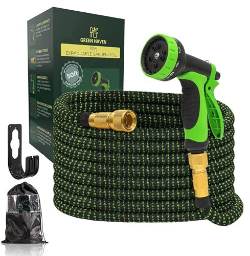 Green Haven Expandable Garden Hose 50ft – Pro No-Kink Lightweight Hose Pipe with 8 Spray Modes, Brass Fittings & 3-Layer Latex Core – Compact Leakproof Hose for Small Gardens