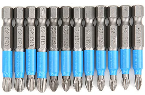 12 Stück Kreuz Schraubendreher Bits, Magnetische Legierter Stahl Bits Set 50mm Lange 1/4 Zoll Sechskantschaft PZ1 PZ2 PZ3 PH1 PH2 PH3 Multifunktionales Schlitz Kreuzschrauben Anziehwerkzeug Bohrer Bit