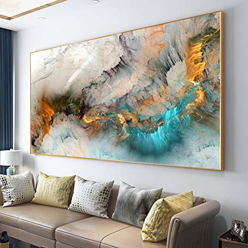 XIANGPEIFBH - Impression sur toile encadrée - Nuages de nébuleuse colorés - Peinture d'art abstrait - Tableau mural de grande taille - Affiche moderne 60x120cm (24x47 pouces) avec cadre doré