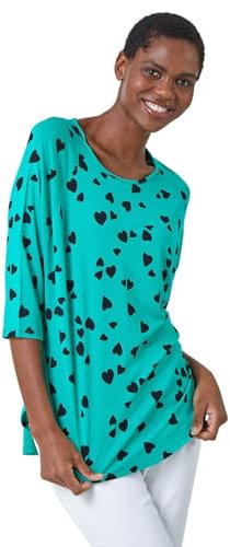 Roman Originals Heart Print Blouson Top for Women UK - Ladies Everyday Holiday Spring Summer Round Neckline Comfy Soft Evening Vacation Work Party - Green - Size 12