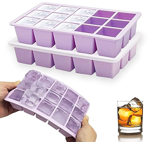 Theuwnee® Platin-Silikon Eiswürfelform, 2 Pcs Silikon Eiswürfelbehälter Mit Deckel Geruchlos, Stapelbar und Spülmaschinenfest, Für Bier,Whisky,Cocktail Und Baby Snack Inklusive, BPA Frei (Lila)