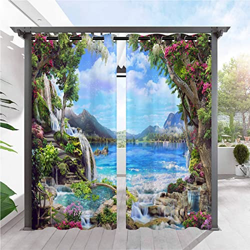 ANHOPE Outdoor Curtains Waterproof Eyelet Ring Top Drapes Nature Landscape Waterfall Lake Print Pattern Privacy Outside Curtains for Patio Garden Gazebo Pergola Porch Pool 2 Panels 52 x 84 Inch
