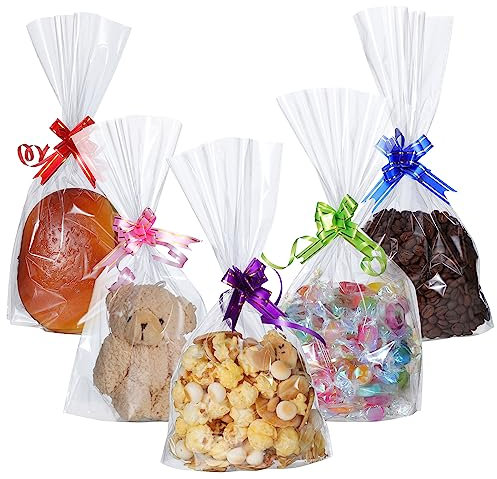 100 Pcs Sachet Bonbon Transparent, 15 x 25cm Sachets Bonbons Anniversaire Noël Sachet Plastique Bonbon avec 100 Nœuds de Couleurs pour Emballage Bonbon Biscuit Chocolat de Noël