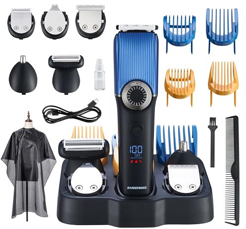 BarberBoss regolabarba per uomo, tagliacapelli - Set per la pulizia di naso, orecchie e barba, ricaricabile, 39 lunghezze di taglio, quadrante di precisione, impermeabile, display a LED, QR-6082