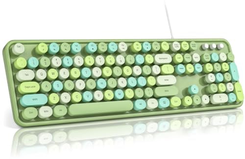 MOFII Computer Keyboard Wired,Round Key Retro Typewriter Keyboard Full Size | USB Plug and Play, for Laptop, PC, Desktop, Windows (Green Colorful)