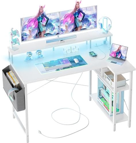 BEXEVUE 120 * 70cm L Shaped Gaming Desk with Power Outlets & LED Lights, Computer Corner Desk with Shelves Computer Workstation Table with Storage Bag for Home Office Small Space, White