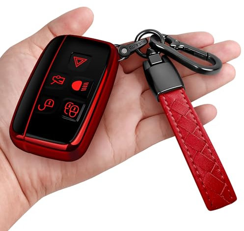 Sindeda Coque de clé pour Land Rover avec porte-clés - Protection complète - Compatible avec Land Rover LR4, Range Rover Sport Evoque, Jaguar XF XJ XJL F-pace (rouge)
