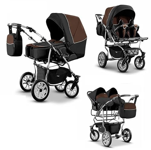 Elcar Zwillingskinderwagen 4-in-1 City Twin 3 in 1 inkl. Autositze - 15 Teile - Brown-Black
