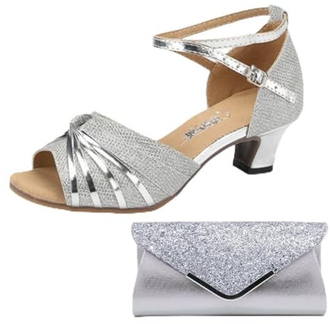 XZEIT Frauen lateinische Schuhe und Clutches & Evening Bag Set Prom Professional Rumba Pailletten Absatz Ferse Color High Heel Peep Toe Schnallen Sie Erwachsene.,Silber,39