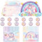 COQOYO Einhorn Einladungskarten Kindergeburtstag Mädchen, 12pcs Deutsche Geburtstag Einladungen, Partyeinladungen mit Bunte Umschläge Runde Aufkleber, Rosa Regenbogen Einladung Set für Kinder Party