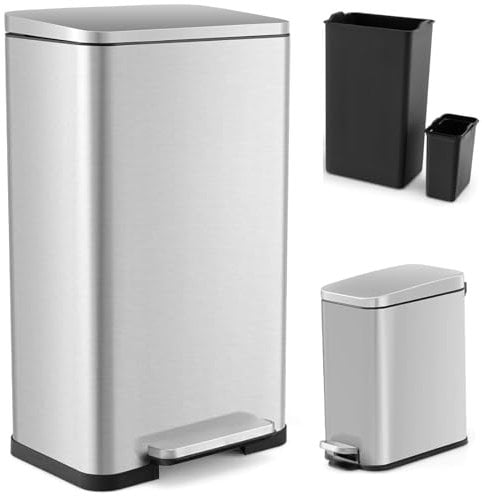 GiantexUK 40L and 6L Trash Bin Combo Set, Stainless Steel Waste Cans with Removable Inner Buckets, Stay-Open Soft Closure Lids & Handles, Fingerprint Proof Recycling Pedal Bin for Living Room Office