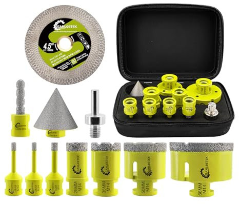 SANLEETEK Foret Diamant Carrelage Kit - 6/6/8/25/35/50/68mm+10mmForets à Fraiser+50mm Mèches Chanfrein+115mm Disque+Adaptateur Scie Cloche Carrelage Céramique Porcelaine Marbre Granit M14 Filetage