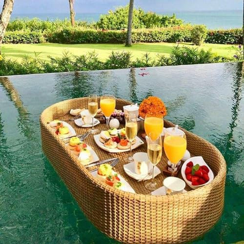 KJHYYPP Plateau Flottant, Plateau de Petit déjeuner tissé en rotin, Plateau Alimentaire Ovale Rond d'eau pour fête à la Piscine (Wood)