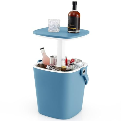 GOPLUS Mesa Nevera Jardín 15 L, Mesa de Cóctel Portátil con Abridor de Botellas y Tapa Elevable, Cool Bar para Picnic Fiesta Camping Patio Terraza Jardin (Azul)