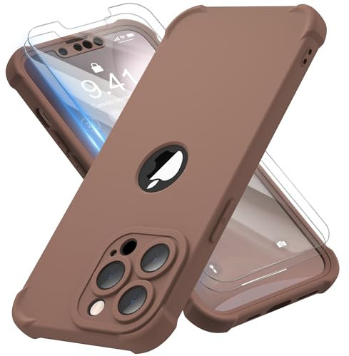 ORETECH 4 in 1 Silicone Case for iPhone 13 Pro Max Case, with [2 x Tempered Glass Screen Protector] [Camera Protection] [Military Grade Protective] 360 Slim Fit iPhone 13 Pro max Phone Case - Brown
