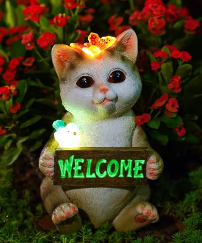 Yeomoo Katzen Figuren mit Schmetterlinge Solar Deko für Außen: Lustig katze Gartendeko für Draußen Geschenke für Katzenliebhaber Frauen Männer Mama Geburtstag Katzenfiguren Garten Balkon Terrasse Deko