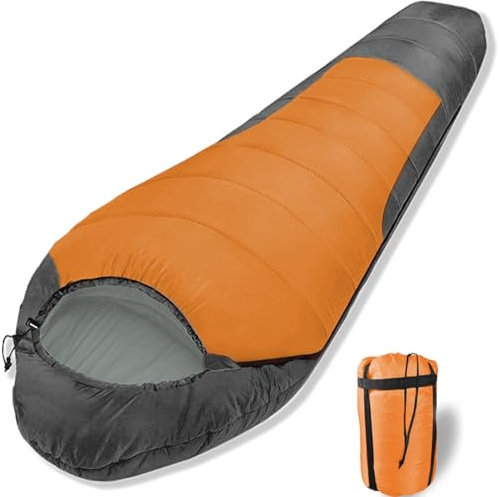 SAEROVIE Mumienschlafsack, Erwachsenen- und Jugendliche-Schlafsack für kaltes Wetter, geeignet für Temperaturen von -5 °C bis 16,7 °C, Rucksack- und Camping-Schlafsack (Orange und Grau)
