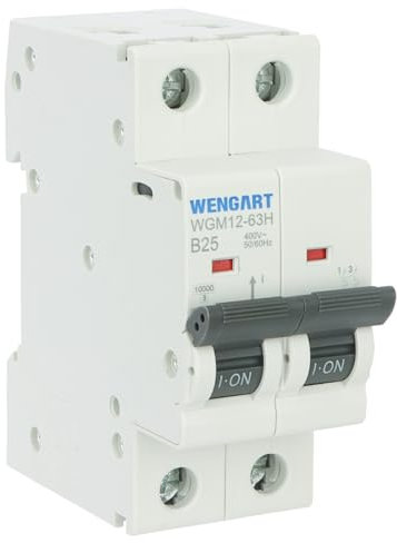 Wengart MCB WGM12-63H - Disjoncteur AC230V 25A 2P 10kA B-Char, convient pour les appareils ménagers et les circuits d'éclairage - Convient pour les boîtes de distribution