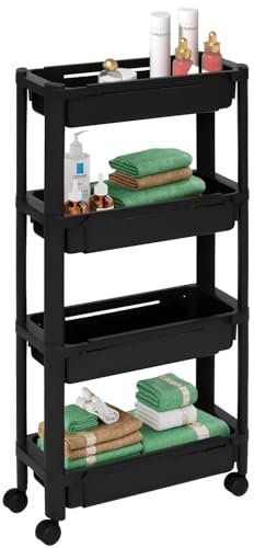 Avilia Carrello Cucina Salvaspazio con 4 Ripiani Regolabili - Mobiletto Cucina Nero con Ruote Piroettanti - Mobiletto Multiuso Ideale per Cucina, Bagno, Ufficio, Salone - 37,5x78,5x75 cm