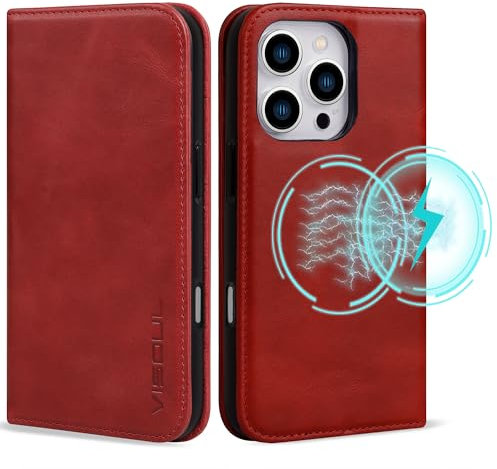 VS VISOUL Coque pour iPhone 16 Pro Max, Étui à Rabat en Cuir Véritable avec Porte-Cartes Fermeture Magnétique Housse Portefeuille Antichoc TPU Compatible avec iPhone 16 Pro Max 6.9-Rouge