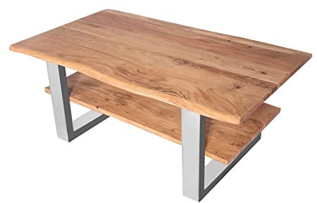 SAM B-Ware Couchtisch 115x65 cm Philipp, Sofatisch mit Ablage, Akazienholz massiv + naturfarben + lackiert, Beistelltisch mit echter Baumkante, U-Gestell Silber