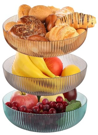 ZOFUN 3 Pcs Fruit Bowls, 25 x 6.5 cm Drop Resistant Fruits Baskets for Kitchen, Plastic Fruit Bowls Stylish Designed, Easy to Clean Fruits Bowl for Vegetables, Blue, Grey & Coffee
