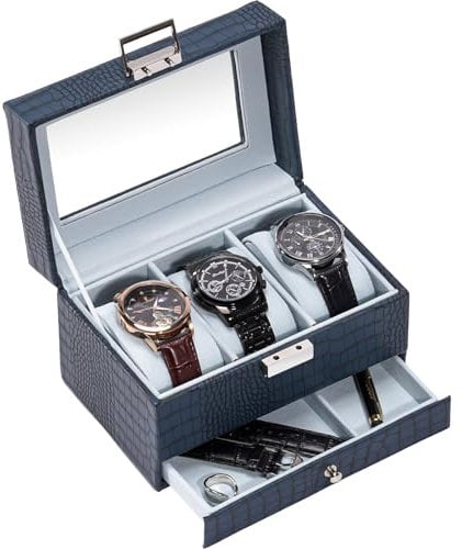 ProCase Uhrenbox mit 3 Fächern,Uhrenkasten mit Glasdeckel, Uhrenkoffer mit herausnehmbaren Uhrenkissen Uhrenschatulle, Vatertag Geschenk -Blau