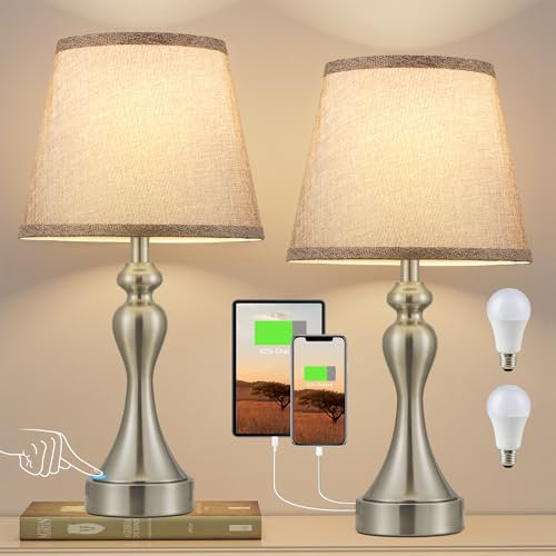 Kakanuo Nachttischlampe Touch Dimmbar 2er Set, Tischlampe Modern mit Ladefunktion USB A+C-Anschlüssen, Grauer Lampenschirm Silberner Sockel, Vintage Tischleuchte für Schlafzimmer Wohnzimmer Büro Deko