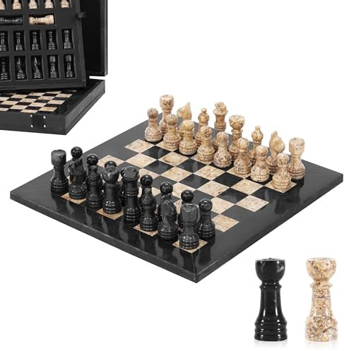 Marble Chess Set 10 Inch Handmade Black & Coral Board Game with Storage Box, Classic Travel Chess Set for Adults with Pieces & 2 Extra Queens, Elegant Gift & Home Decor