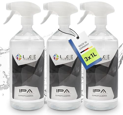 Liquid Elements – IPA Isopropanol 3x 1L Spray Alkohol 99,9% Reinheit – Isopropylalkohol reinigt & entfettet rückstandslos – Reinigungsalkohol für Auto, Lack & Co