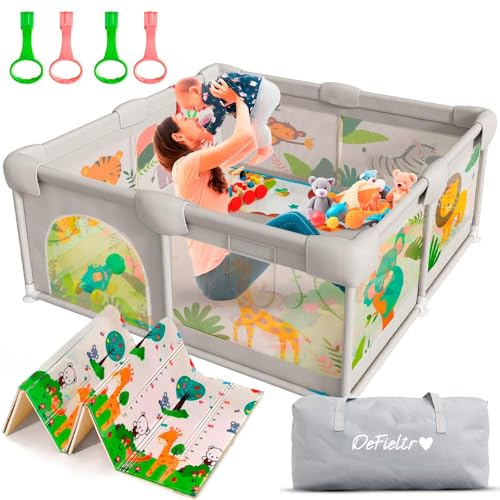 DeFieltro Parque Infantil Bebe 120x120 - Corralito Bebe con Malla de Animales Transpirable - Corral Plegable Baby ANTIDESLIZANTE - Alfombra Acolchada + 4 Anillas + Bolso de Transporte