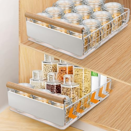AirOpen 2 Artikel Ausziehbare Schublade Küche, Hochwertiger Karbonstahl Ausziehbarer Schrank Organizer, Ultraleise Teleskopschublade，Geeignet für Küche, Bad, Speisekammer 40cm x 23cm x 11cm