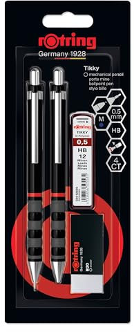 rOtring Tikky Set aus Feinminenstift, Kugelschreiber, Radierer und Ersatzminen | Bleistift mit HB-Mine, 0,5 mm | Schreibgerät mit mittelgroßer Spitze | Schwarz | Leicht mit gummierter Griffzone